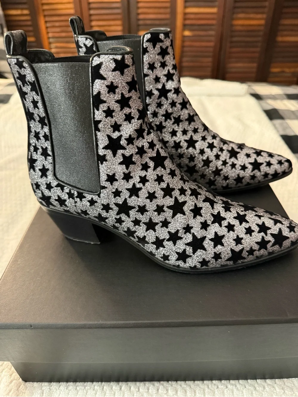 Yves Saint Laurent Silver and Black Star-Print Ankle Boots